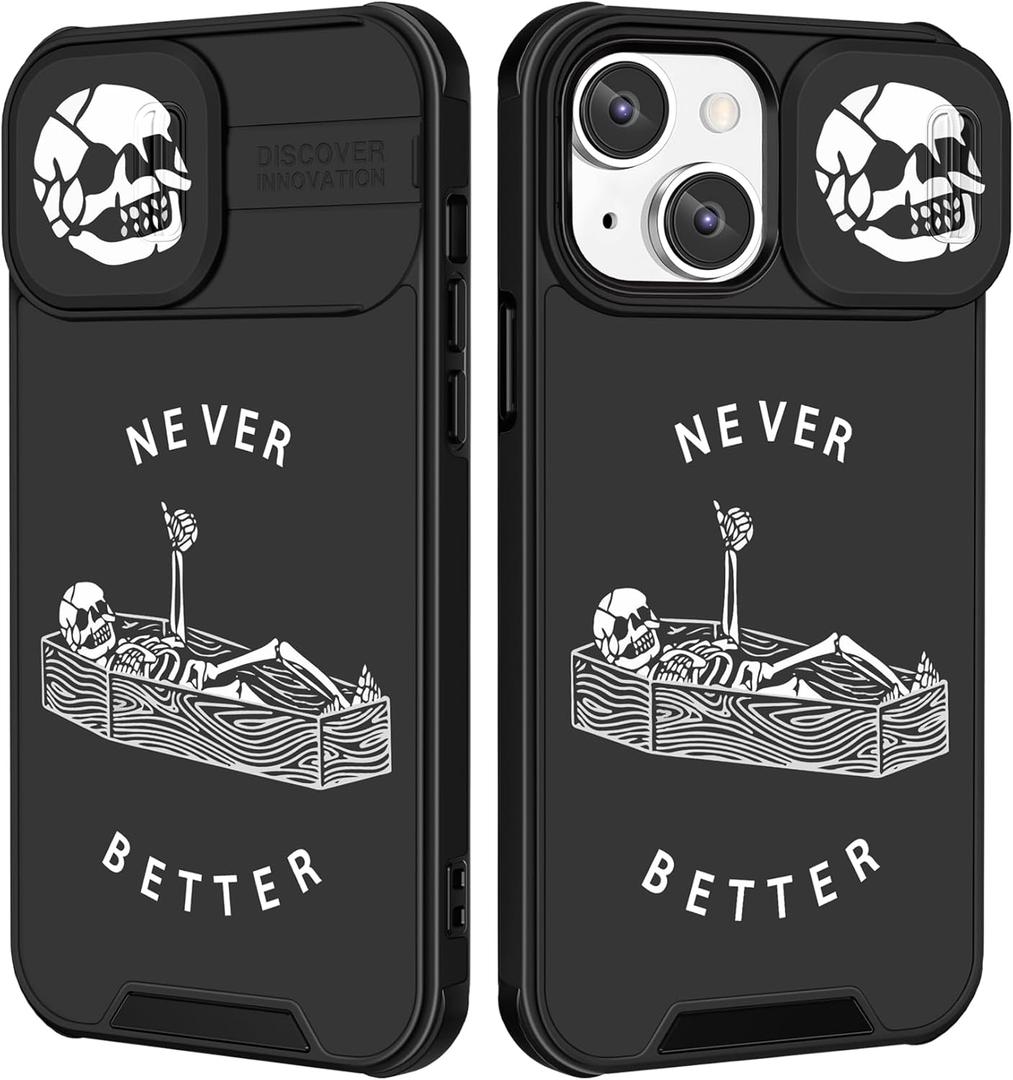Goocrux (2in1 for iPhone 15 Case Skull Skeleton Women Boys Goth Phone Cover Cute Fun Gothic Black Spooky Cool Unique Design with Slide Camera Cover Protective Stand Holder for iPhone 15 Cases 6.1''