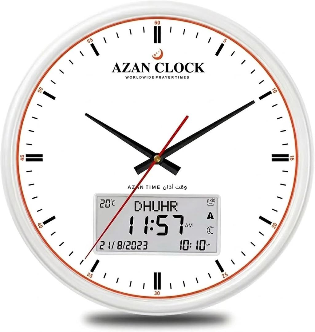 Azan Clock, Muslim Athan Prayer Clock, Athan Wall Clock with Digital LED Backlight  for Islamic Home Office Mosque Eid Ramadan Gift Silver (White)