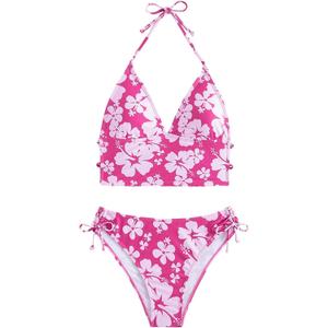 Floerns Women's Tankinis 2 Piece Floral Print Halter Tie Back Crop Top and Bottoms Bikini Set (Small, Hot Pink)