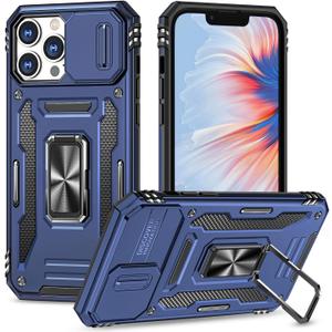 Case for iPhone 13 Pro Phone Case with Camera Lens Cover, with Ring Holder Kickstand, fit Magnetic Car Mount, for iPhone 13 Pro (Navy Blue)
