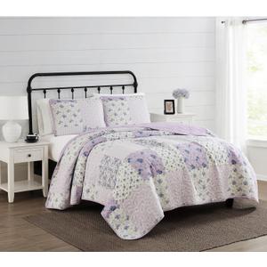 CANNON Elissa Patchwork White and Purple Polyester 3-Piece Full/Queen Quilt Set, Floral Themed, for Men and Women, Oeko-TEX Certified Confidence