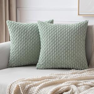 MIULEE Throw Pillow Covers Soft Corduroy Decorative Set of 2 Boho Striped Pillow Covers Pillowcases Farmhouse Home Decor for Couch Bed Sofa Living Room Spring 20x20 Inch Greyish Green (20" x 20" (Pack of 2))