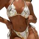 Snakeskin Metallic Bikini,String Halter Triangle Bikinis Set,Sexy Strappy Cheeky Swimsuits for Women Tanning Pool (Small, White & Gold)