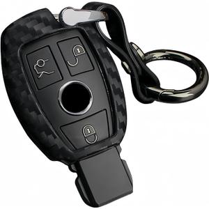 Soft Silicone Rubber Carbon Fiber Texture Car Key Fob Case Cover For Mercedes-Benz A Class B C E S G M V Class CLA CLS GLA GLC GLE GLK GL GLS SL SLK SLC Viano For Metris -Black-Round Keychain