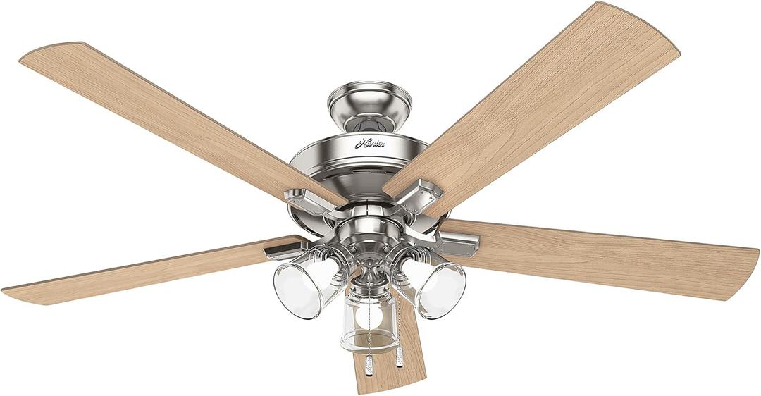 Hunter Fan 60 inch Casual Brushed Nickel Finish indoor Ceiling Fan with Light Kit and Pull chain 