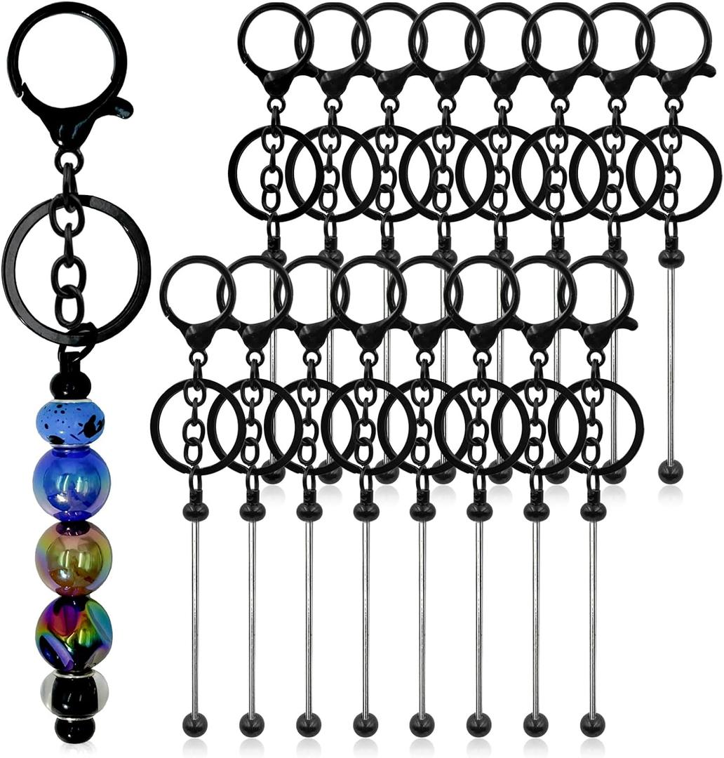 28 Pcs Beadable Keychain Bars - Keychain Making Kit Bulk - Metal Beaded Keychains for Crafting - Diy Key Chain Supplies - Blank Keychains Bars for Beads - Beadable Items (Black)