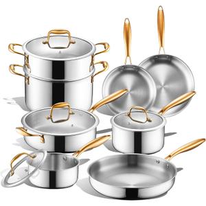 Triple Ply Stainless Steel Pots and Pans Set, EWFEN 12 Piece Induction Cookware Set, Oven Dishwasher Safe | Frying Pans, Saucepans, Saute Pan & Stock Pot, PFOA Free Kitchen Skillet, Gold