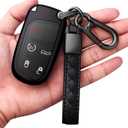 Compatible with Jeep Key Fob Cover with Leather Keychain Soft TPU Protection Key Case for Grand Cherokee Renegade Chrysler 200 300 Dodge RAM Durango Challenger Journey Dart Fiat Smart Key,Black