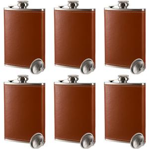 Suwimut 6 Pack Hip Flask for Liquor for Men Women, 8 oz Leak Proof Stainless Steel Pocket Hip Flask with Brown Leather Cover and Funnel for Drinking of Alcohol, Whiskey, Rum and Vodka