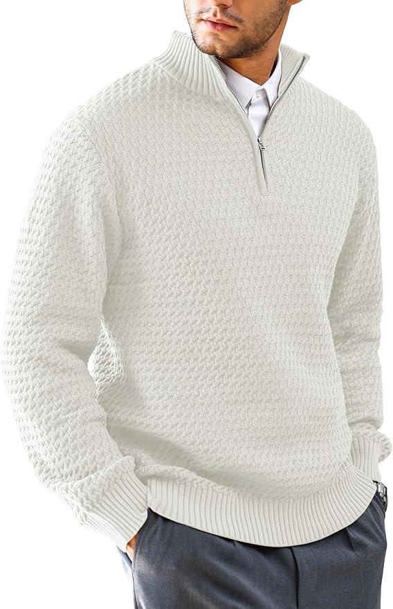 KAVIANA Men's Casual Quarter-Zip Sweater Textured-Knit Mock Neck Pullover Business, 3XL, Off-White