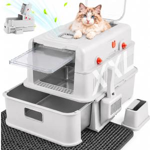 XXL Stainless Steel Litter Box with Lid，Gray