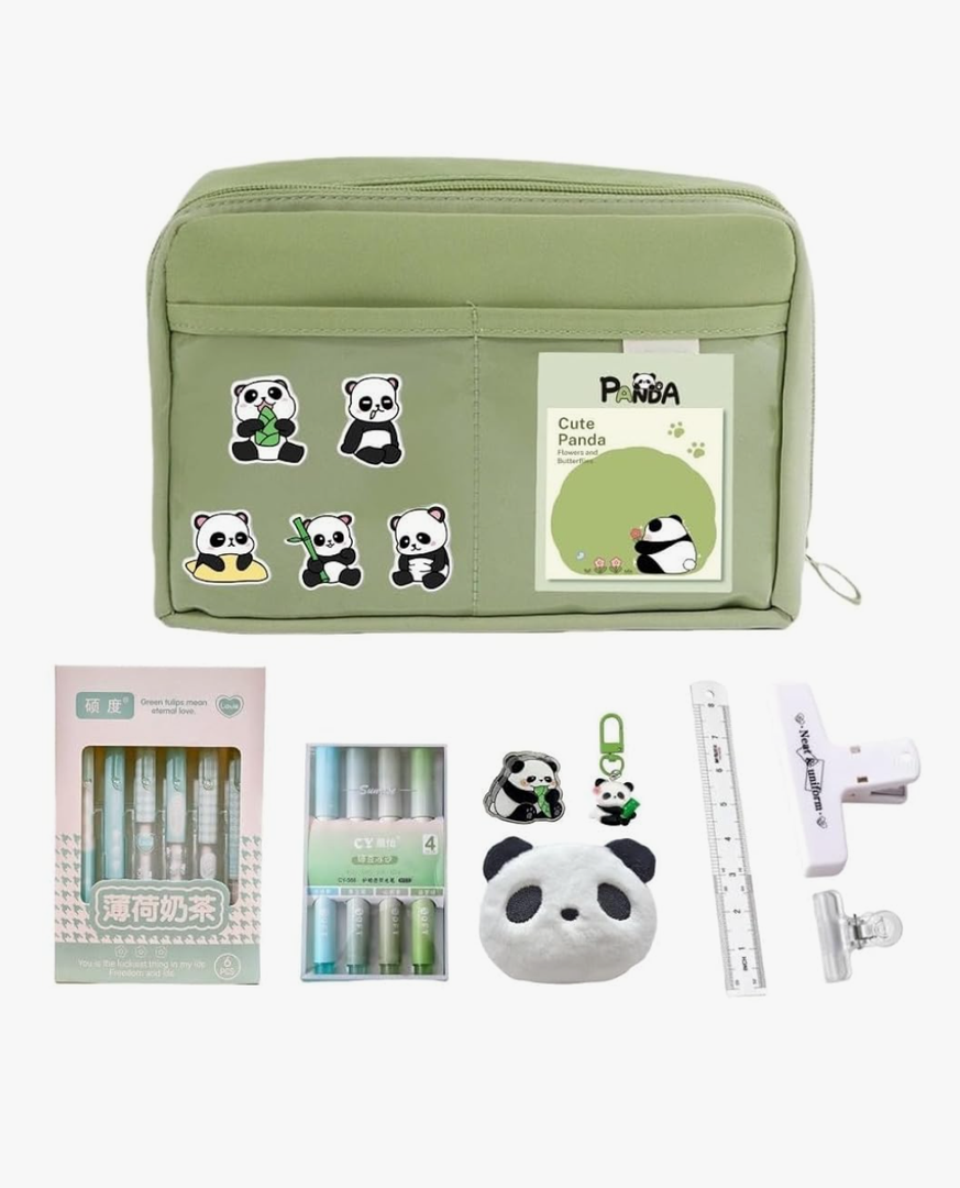 Kawaii Cute Aesthetic Pencil Case 11 PCS Set - Large Capacity Canvas Pen Pouch Bag, Contains 10 Kinds of Accessories Such As Pens, Clips, Rulers and Cute Panda Brooches, Stickers, Pendants