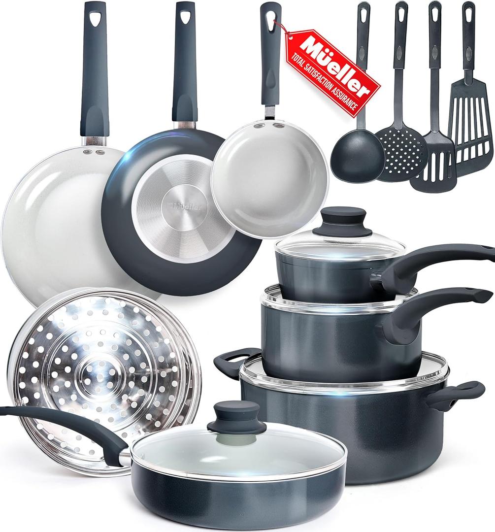 Mueller 16-Piece Healthy Stone Pots and Pans Set Non Stick, Non Toxic Ceramic Cookware Set, Dishwasher Safe, w Frying Pans, Sauce Pan, Steamer, Vac-Free Vented Glass Lids, Kitchen Utensils, Slate