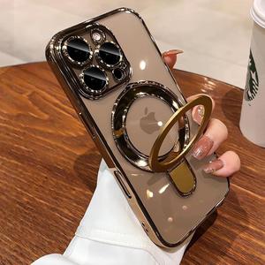 Magnetic Case for iPhone 15 with Invisible Stand [Military Drop Protection][Compatible with MagSafe] Full Camera Protection Clear Soft TPU for iPhone 15 Case 6.1 Inches-Gold