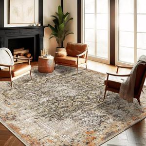 Area Rug 6'x9' Washable Vintage Traditional Floor Cover Thin Retro Kitchen Indoor Distressed Non Slip Carpet Floral Print Mat for Living Room Bedroom Dining Room (Khaki and Black)