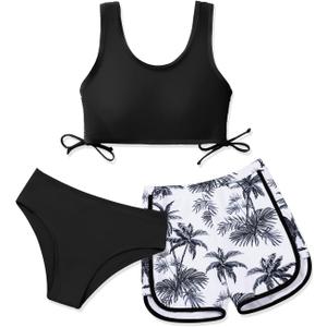 Girl's 3 Piece Bikini Bathing Suit Printed Sport Swimsuits with Shorts Cove Up Sets Teen Girl's Swimwear (Black and Coconuts), Size: 13-14 Years