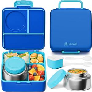 Fimibuke Bento Box for Kids Adult, BPA Free & Leakproof Toddler Lunch Box with 8.5oz Insulated Thermos Food Jar, Utensils & Sauce Jar, Dishwasher Safe 3 or 4 Compartment Container for School Girl Boy (A1. Nautica Blue)