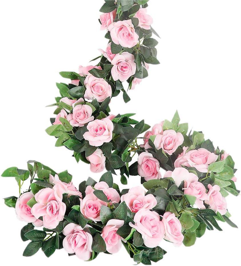 LESING Rose Garlands Artificial Rose Vines,4PCS(28.8FT) Fake Silk Flower Garland with Greenery Plants Wedding Hanging Flower Vines Garlands for Home Office Arch Garden Decoration (Pink)