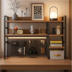 Desktop Bookshelf, pegboard Storage and Organization Rack, Dorm Desk Shelf, Desk Hutch, Desktop Storage for Office, Study, Student Display Rack,Desktop Shelves (Black+Walnut 45.3" Lx9.9 Wx37 H)