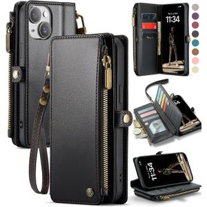 Defencase Compatible with iPhone 14 Plus Case Wallet with RFID Blocking Card Holder for Women Men, Soft PU Leather Magnetic Snap Flip Zipper Strap Wallet Phone Case Fit for iPhone 14 Plus 6.7", Black