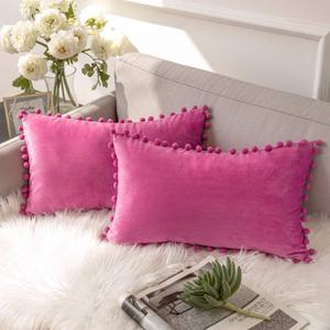 Ashler Throw Pillow Cases with Soft Pom Poms Velvet Plush Vibrant Elegant Cushion Covers, Pack of 2, Pink 12 x 20 inches 30 x 50 cm Ashler Throw Pillow Cases with Soft Pom Poms Velvet Plush Vibrant Elegant Cushion Covers, Pack of 2, Pink 12 x 20 inches 30 x 50 cm