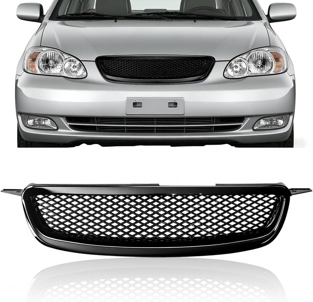 Glossy Black Front Grille Compatible with 2003-2008 Toyota Corolla CE LE XRS 4-Door Hood Mesh Grille, Upgraded Version ABS Plastic Front Bumper Grill, Direct Replacement