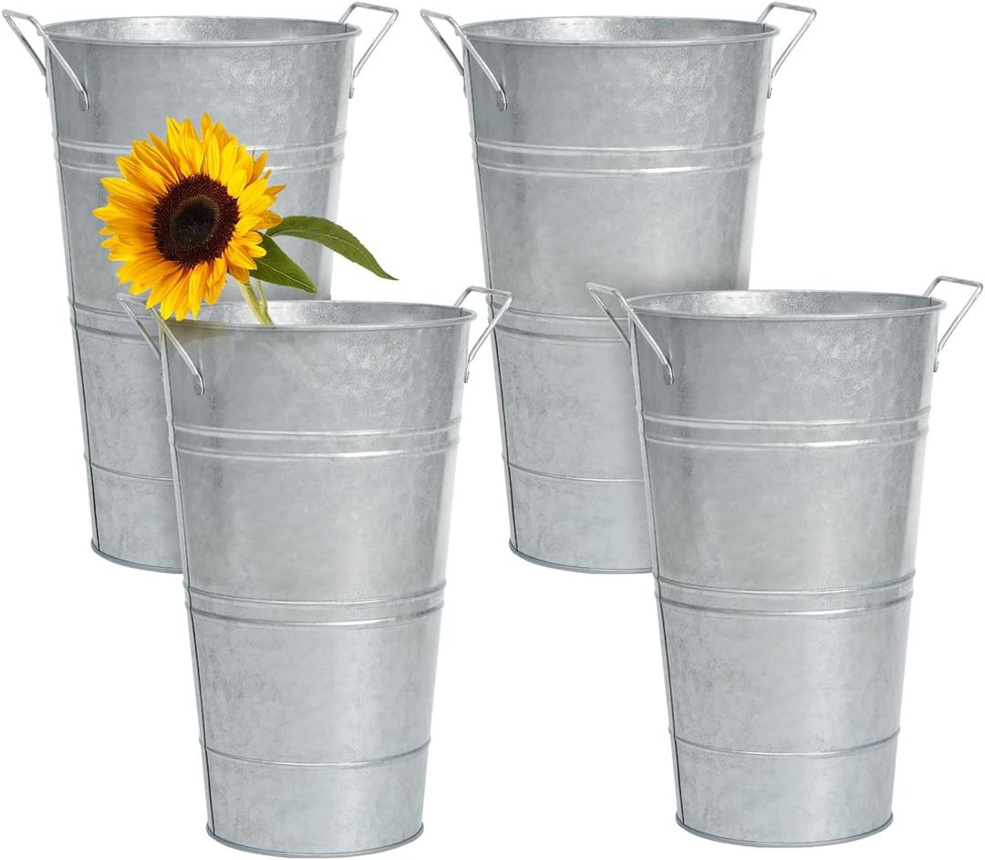 Notakia 12 Inch Large Galvanized Metal Vases Farmhouse French Flower Bucket Vases for Cut Flowers for Home Decor and Wedding Table Centerpiece Decorations (Large Silver Set of 4)