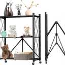 3 Tier Foldable Storage Shelf with Wheels, Heavy Duty Garage Shelving Unit Loads 550 LBS, Metal Steel Collapsible Shelves, Rolling Standing Utility Rack for Kitchen, Pantry, Office, Black