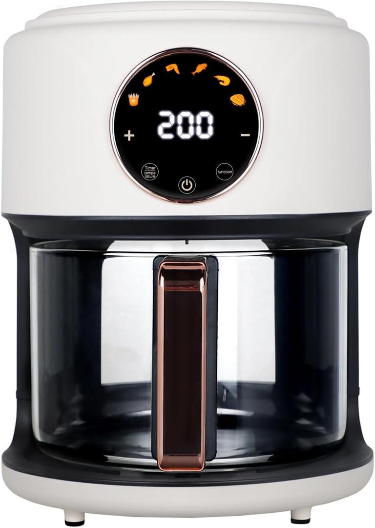 GYMODE Airy Fryer, 4.7Qt 1300W Glass Air Fryer, 6-in-1 Functions, 360° Viewable, Digital Display, Dishwasher Safe, Adjustable Temp 80℃~200℃(175F - 400F), 60 Min Timer, Nonstick Basket, White