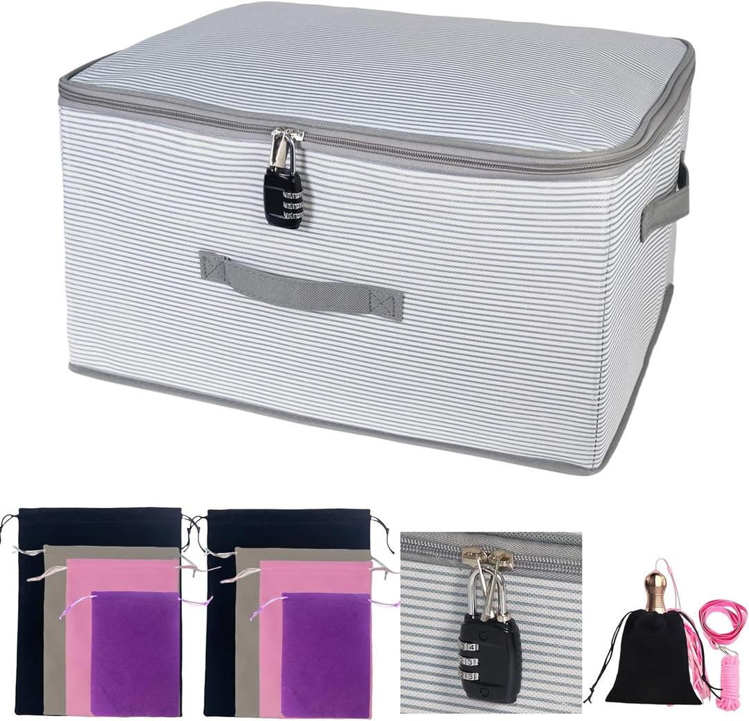 Lockable Adult Toy Storage Organizer Lock Box Toy bags container case with 8 Drawstring Bags 4 Sizes, Large capacity 17.7 x 13.8 x 9.8 Inches (Gray Stripes)
