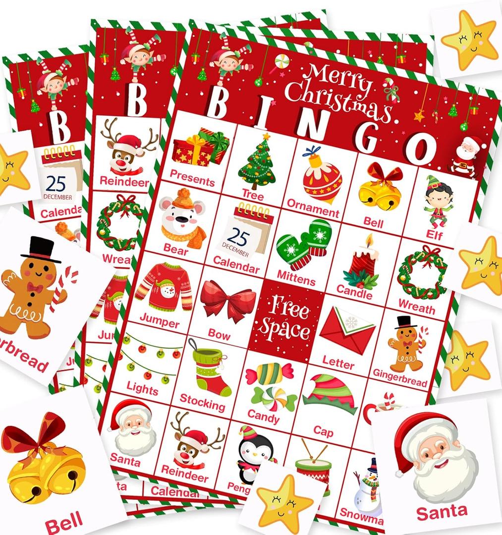 Officygnet Christmas Bingo Game for Kids - 32 Players Christmas Bingo Cards for Family Activities, Large Group, School Classroom, Xmas Party Games Supplies, Christmas Party Favor for Kids Adults