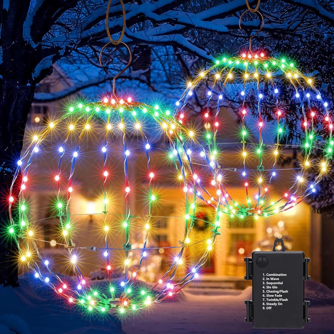 Flacchi Set of 2 Outdoor Hanging Ball Lights - 2 Sizes of Christmas Battery Operated Garden Lanterns Waterproof Globe Fairy Lights with 8 Lighting Modes Timer Memory Function (Multicolor)
