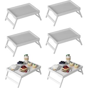 Bed Tray Table with Folding Legs, Bamboo Breakfast in Bed for Kitchen Serving Tray, Sofa, Eating, Used As Laptop Desk Snack Tray (6 Pack, White Color)