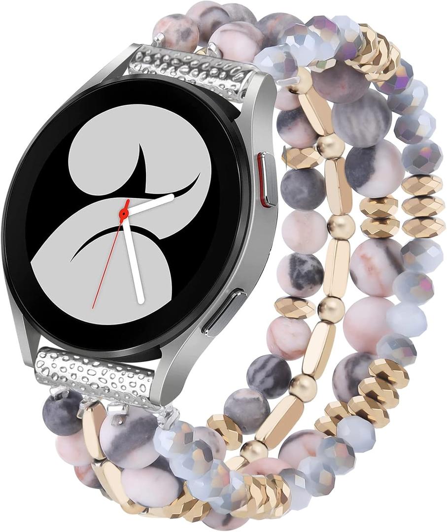 VISOOM Beaded Boho Bracelet Compatible for Samsung Galaxy Watch 7/6/5/4 40/44mm Bands/Active 2 Watch 4 Classic 42mm Band Women, 20mm Handmade Cute Elastic Crystal Beads Bracelet for Galaxy Watch 5 pro (Pink Zbera)