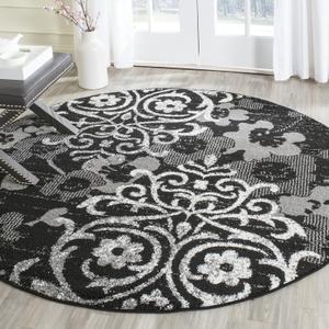 SAFAVIEH Adirondack Collection 4' Round Black / Silver ADR114A Floral Glam Damask Distressed Non-Shedding Dining Room Entryway Foyer Living Room Bedroom Area Rug