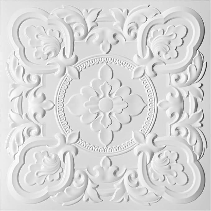 Art3dwallpanels 11 Pack Drop Ceiling Tiles, 24 x 24 Inch High Grade PVC 3D Wall Panels Vintage Flower Pattern for Interior Wall Decor, Fire Rated, Waterproof, White