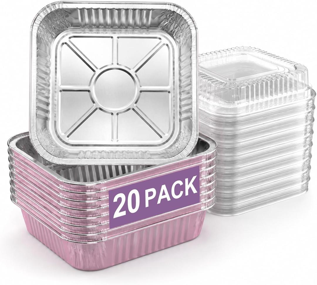 20 Pack Pink 8x8 Inch Disposable Aluminum Foil Pans | Clear Plastic Lids, Square Cake Pans, Baking, Meal Prep & Storage, Heating & Cooking
