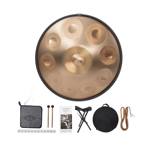 Handpan Drum 440Hz 10 Notes Hand Drum Instrument, 22 Inches D Minor Kurd Premium Stainless Steel Handpan Instrument for Adults Professional Tuning Hand pan (Gold) (Missing Belt)