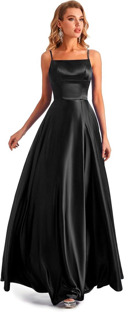Long Satin Spaghetti Strap Prom Dress, Size 6