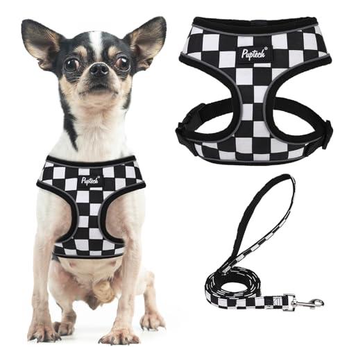 PUPTECK Soft Mesh Dog Harness and Leash Set Pet Puppy Cat Comfort Padded Vest No Pull Harnesses, Checkered Black&White, XS