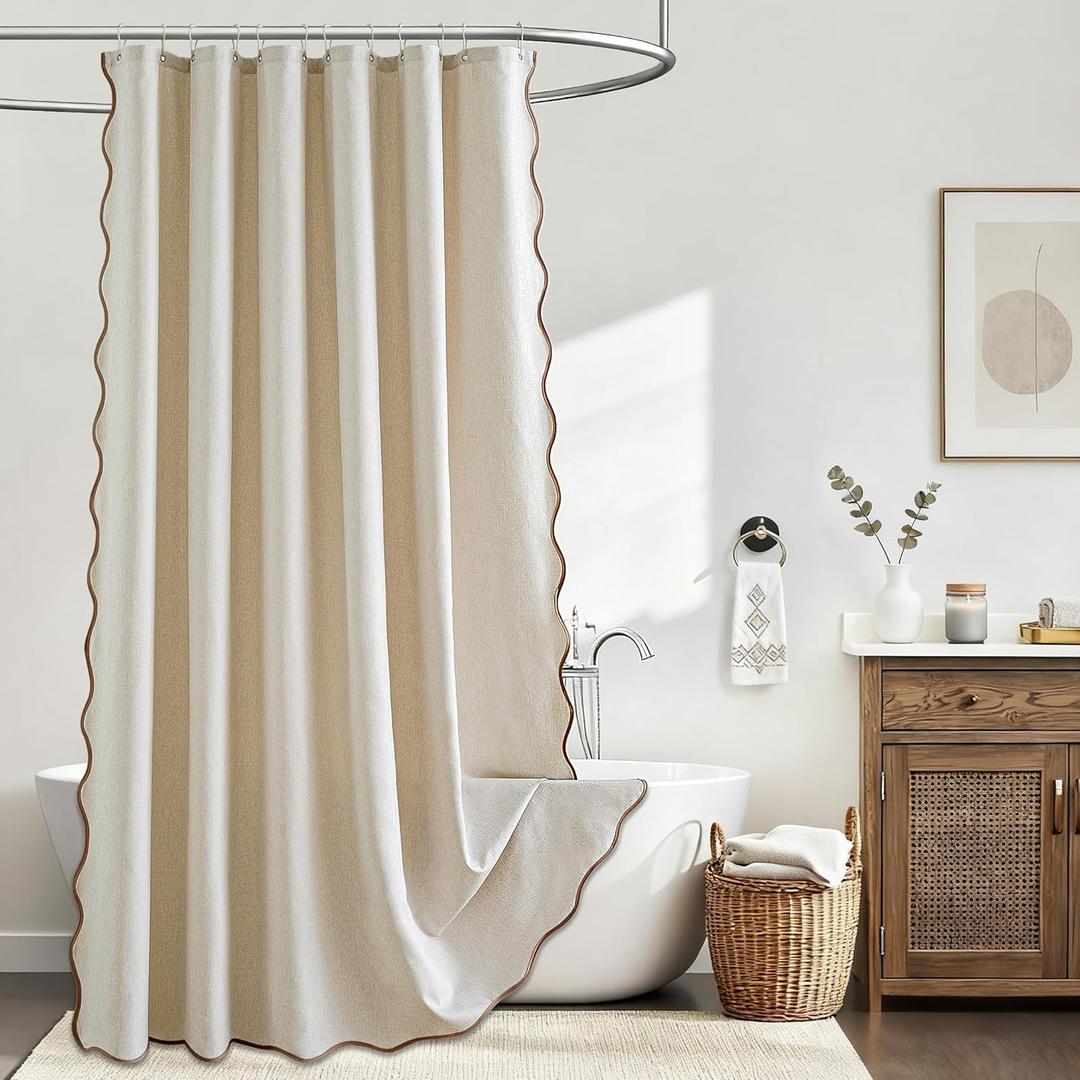 Beige Scalloped Shower Curtain Linen Textured with 12 Metal Hooks Cute Heavy Duty Washable Waterproof Neutral Thick Cloth Shower Curtains with Brown Border for Bathroom Hotel Bathtub, W72xL72