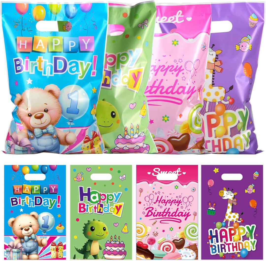 4 x QOIUSO 50 Pcs Birthday Party Favor Bags for Boys & Girls: Lovely Happy Birthday Goodie Bags with Handles for Return Gift Wrapping, Packaging Candy Treat Toys and Party Favors (6.5 x 9.8 Inches)