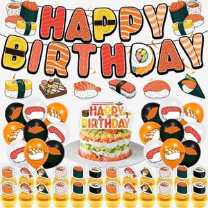 Sushi Birthday Decoration Set, Cute Food Happy Birthday Banner, Party Supplies with Banner, Hanging Swirl, Balloon, Cake Topper, Cupcake Topper