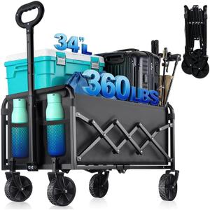 360LBS Collapsible Wagon Cart with Wheels - Heavy Duty Folding Wagon Carts for Grocery, Lightweight Utility Wagon with All-Terrain Wheels & 2 Cup Holders, Portable Beach Wagon for Shopping Garden