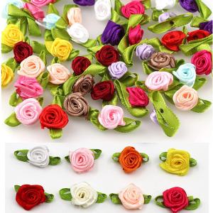 LOPURO Mini Ribbon Roses, 100Pcs Artificial Fabric Flowers with Green Leaves Mixed Color Rosettes Mini Ribbon Roses for Crafts Sewing DIY Craft Decoration Wedding Festival Accessories (Mixed Color)