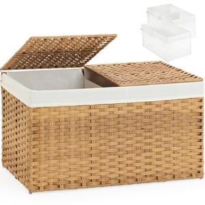 SETVSON Storage Basket with Lid Rattan Woven Storage Baskets with 2 Separate Lids, 17.2 Gallon (65 L), 22 x 13 x 13.8 Inches, Foldable, 2 Removable Liner Bags Handles for Bedroom, Laundry Room Natural