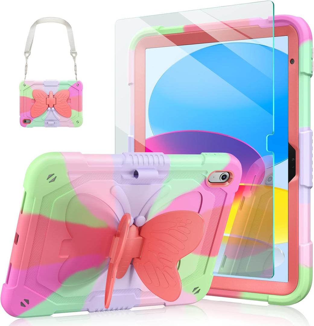 Ambison Case for iPad A16 11th/10th Generation 2025/2022 11''/10.9'' for Kids Girls, with 9H Tempered Glass Screen Protector, Rugged Heavy Duty Protective with Butterfly Stand, Carrying StrapRose Red