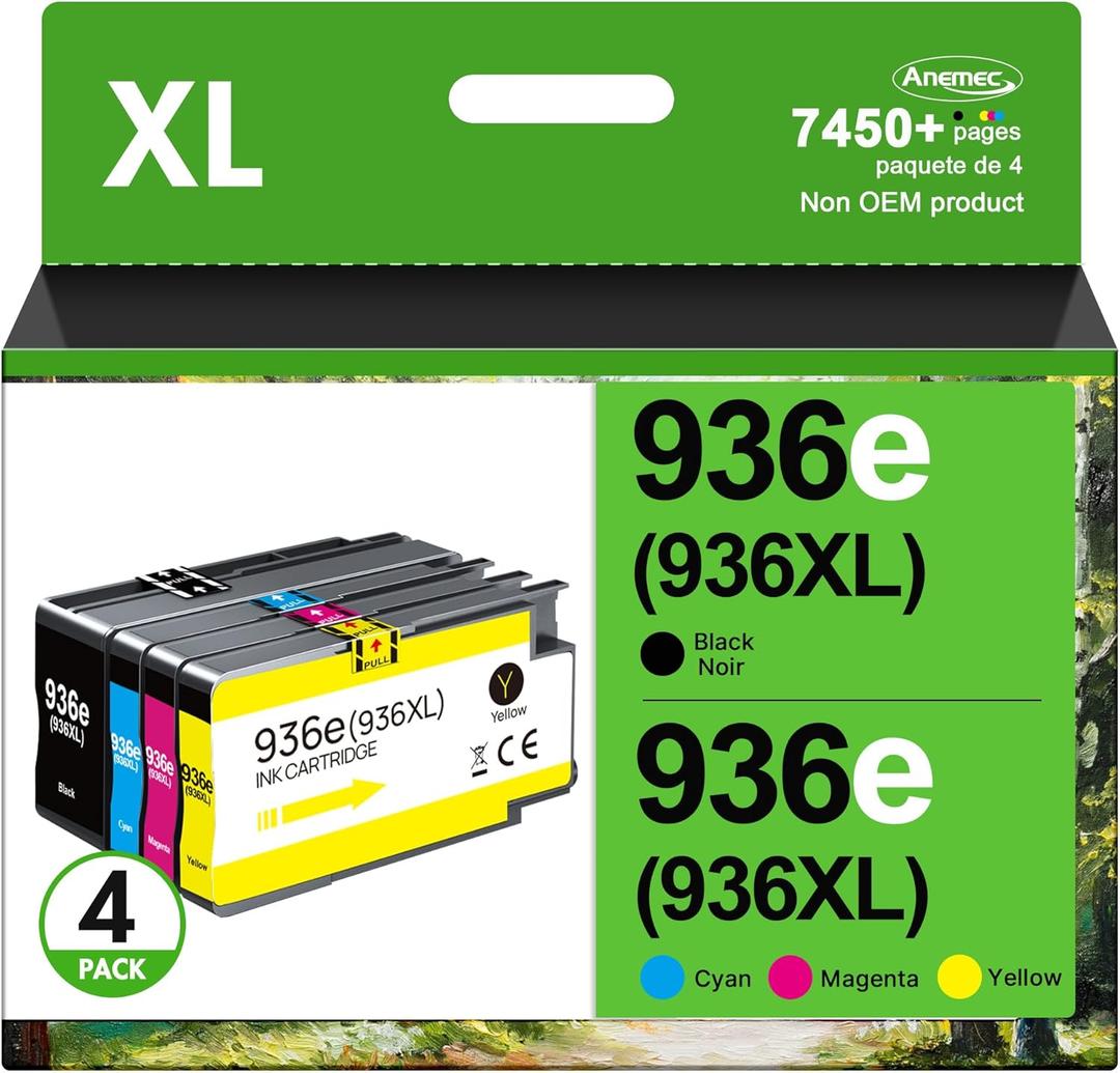 Compatible Ink Cartridges Replacement for HP 936XL 936e Ink Cartridges High Yield 4-Pack Black Cyan Magenta Yellow for HP OfficeJet Pro 9120e 9125e 9130e 9130b 9135e 9720e 9730e Printers