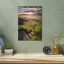 Mountain Sunset Lake Wall Decor: Landscape Picture Sunrise Grass Artwork Stair Painting for Bedroom House 16x12 Inch
