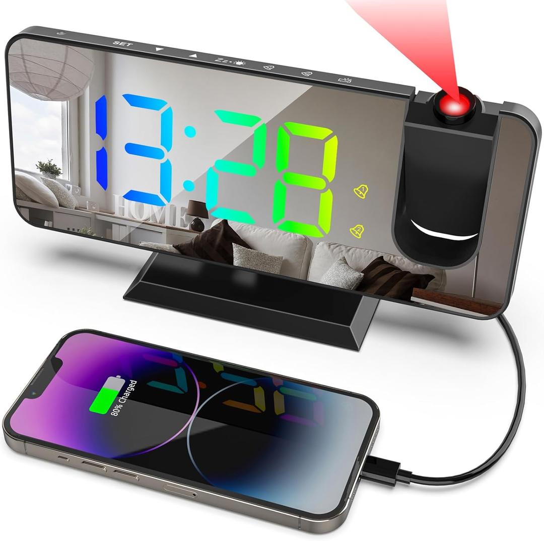 Projection Alarm Clock for Bedroom Ceiling,11 Colors RGB Digital Clock Large Display, 7.3'' Large Mirror Screen with Dual Alarm, 5 Auto Dimmer,12/24H, Snooze, 180Projector on Ceiling (Black)